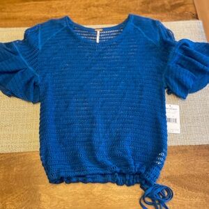Free People Blue Blouse with Puff Sleeves and Textured Knit